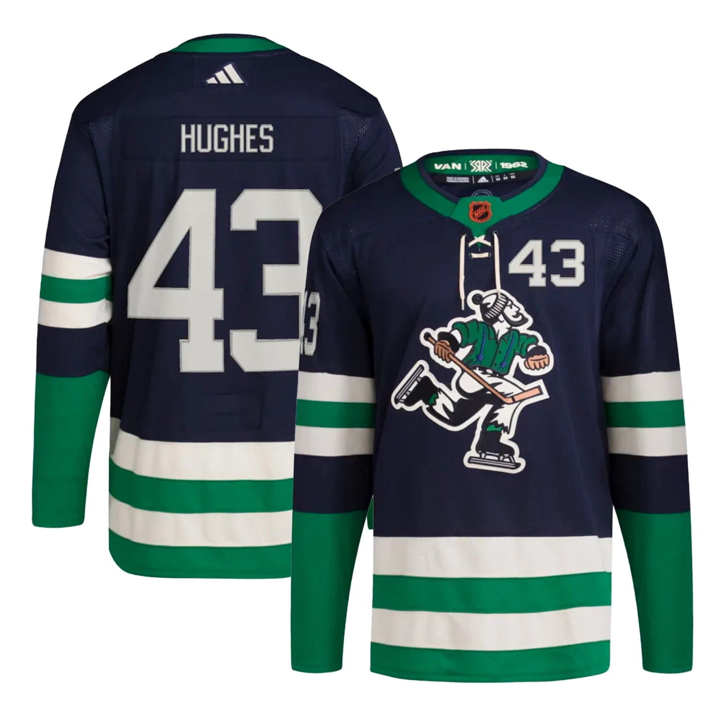 Vancouver Canucks Adidas PrimeGreen Reverse Retro Senior Jersey - Quinn Hughes 3 Vancouver Canucks Adidas PrimeGreen Reverse Retro Senior Jersey - Quinn Hughes