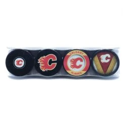 Calgary Flames Inglasco NHL Logo Hockey Puck (4 Pack)